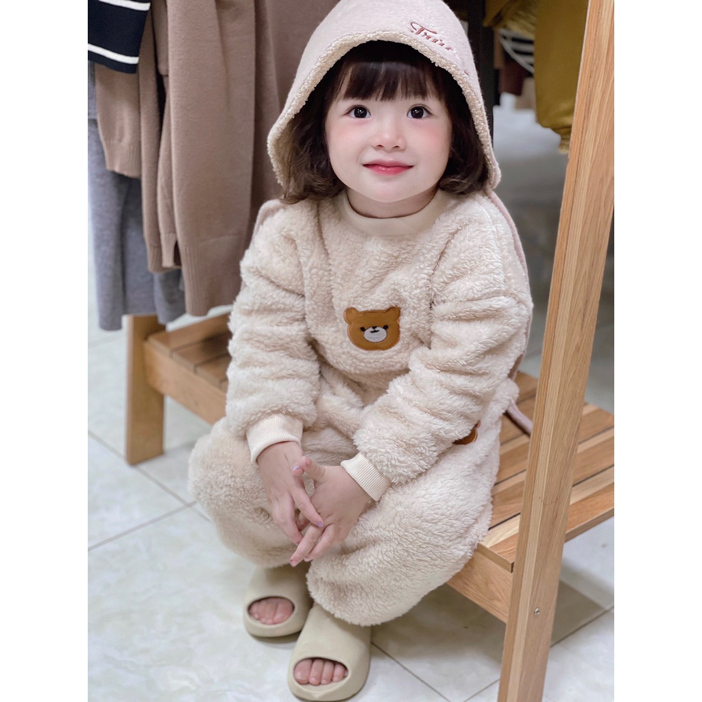 Bộ lông hình gấu cho bé gái, bộ quần áo dài tay cho bé