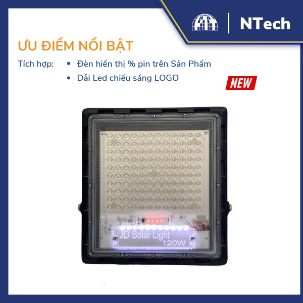 Đèn Pha Chống Lóa Cao Cấp, Đèn Năng Lượng Mặt Trời JD-7120 Công Suất 120W - Mẫu 2023, Khung Nhôm - BH 02 Năm