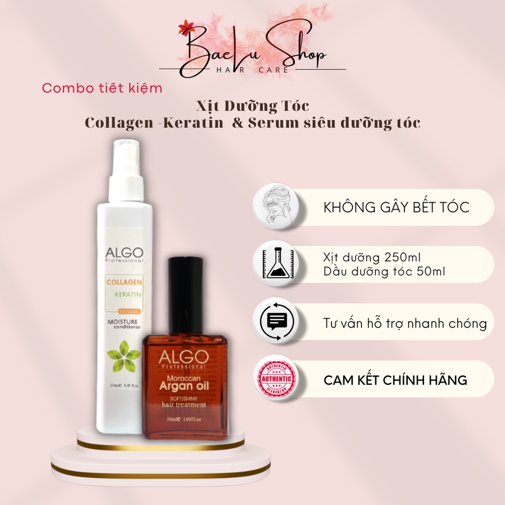 Dầu dưỡng tóc tinh dầu argan oil 50ml & xịt dưỡng tóc collagen keratin Algo 250ml phục hồi tóc hư tổn & nuôi dưỡng tóc