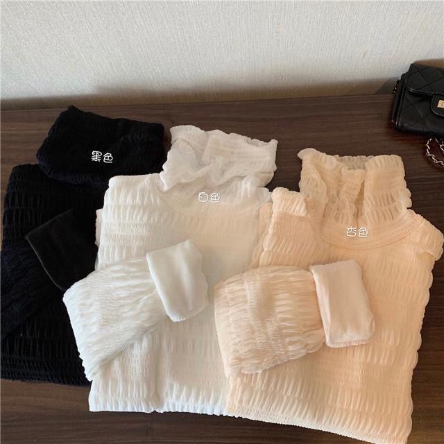 COZOK Áo Thun Dài Tay Cổ Cao Phối Ren Xinh Xắn Dành Cho Nữ