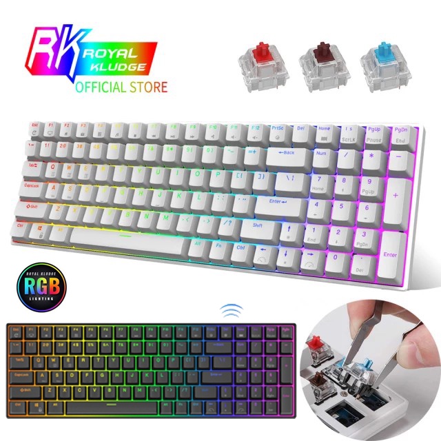 Bàn phím cơ ROYAL KLUDGE RK100 RGB kết nối 3 chế độ 2.4G không dây / Bluetooth / có dây RGB, 100 phím cho Win / Mac