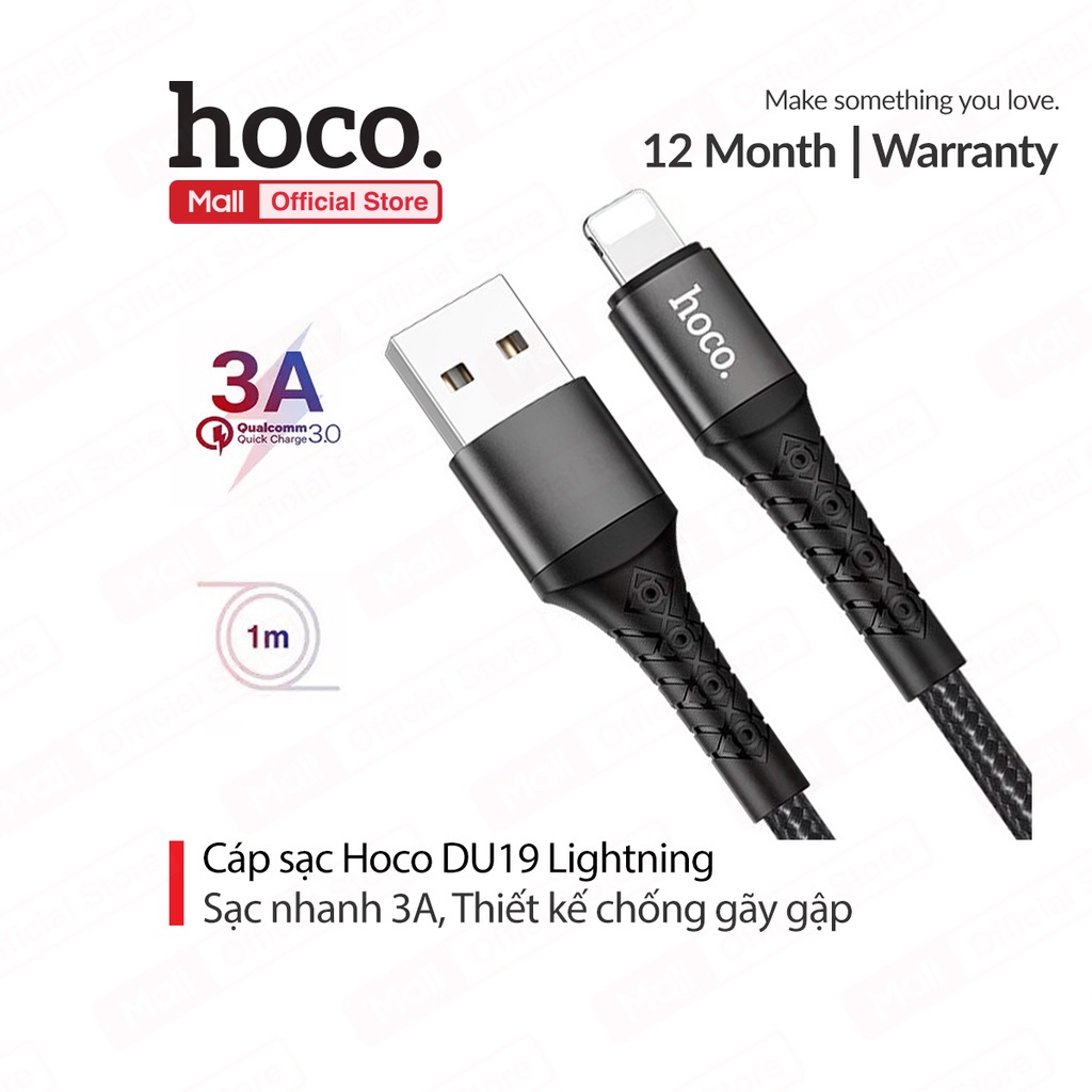 Cáp sạc và truyền dữ liệu Hoco DU19 USB dành cho IP10/11/12 hỗ trợ sạc 3A dây dù chống đứt dài 100cm ( Màu Đen)