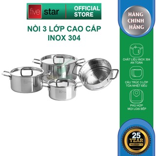 Bộ nồi đáy từ inox 304 cao cấp Fivestar Plus 3 lớp đúc liền 4 chiếc nắp inox , dùng được mọi bếp , bảo hành 25 năm