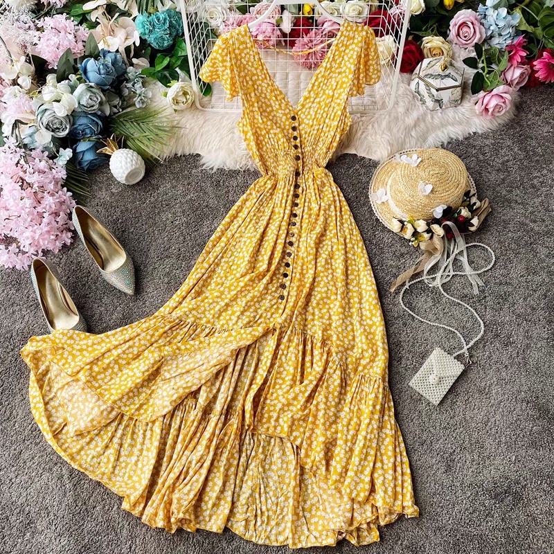 Váy boho hoa nhí cổ chữ V ( order ) ảnh thật