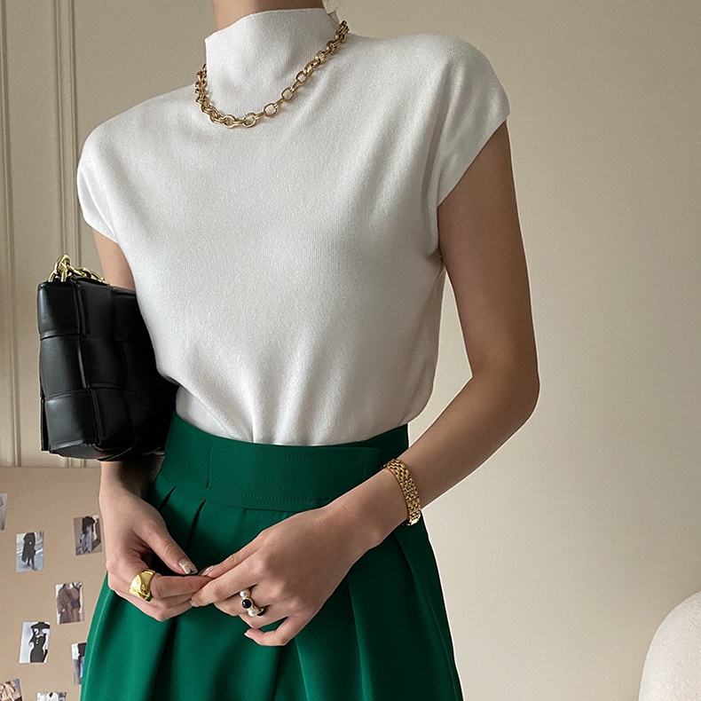 Áo dệt kim SUXI không tay cổ cao ôm dáng thời trang mùa hè cho nữ