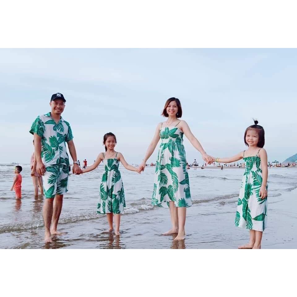 Váy áo sơ mi gia đình đi biển vải đũi cao cấp, đồng phục nhóm đi biển cặp đôi họa tiết hoa lá