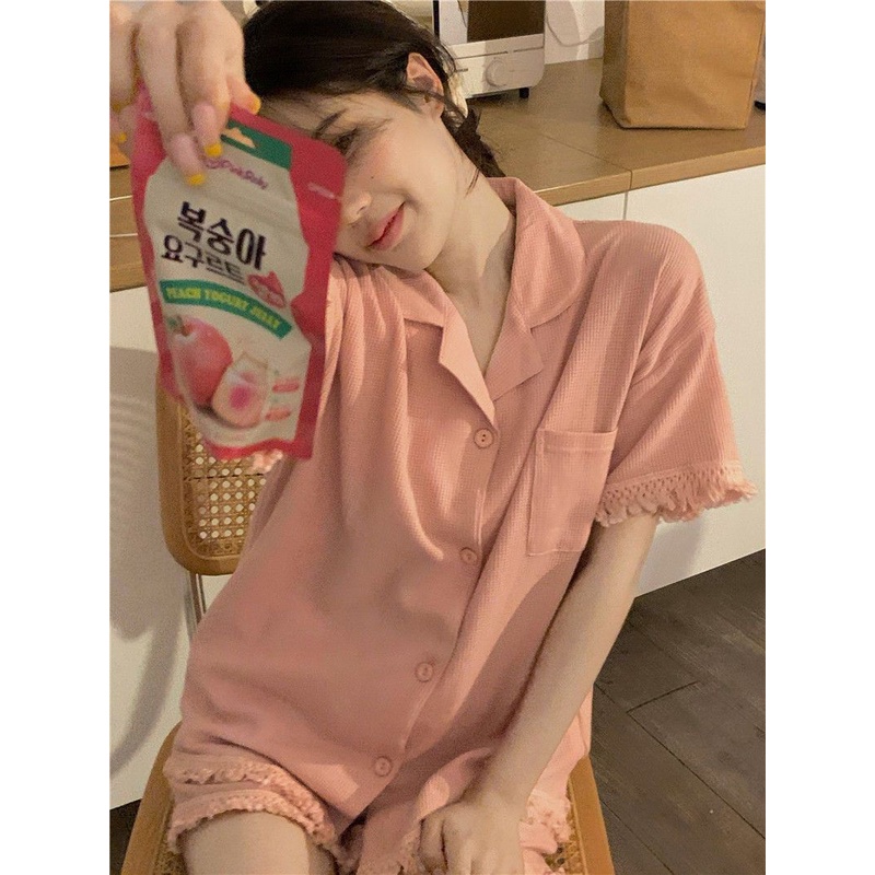 Bộ Đồ Ngủ Mỏng Ngắn Tay Dáng Rộng Màu Hồng Phong Cách Mới Ngọt Ngào Cho Nữ