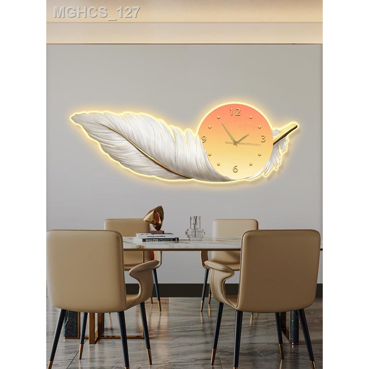 ✹ ✓ Tranh trang trí nhà hàng hiện đại tối giản sáng tạo đèn led dạ quang đồng hồ treo tường phòng ăn treo tranh lông vũ