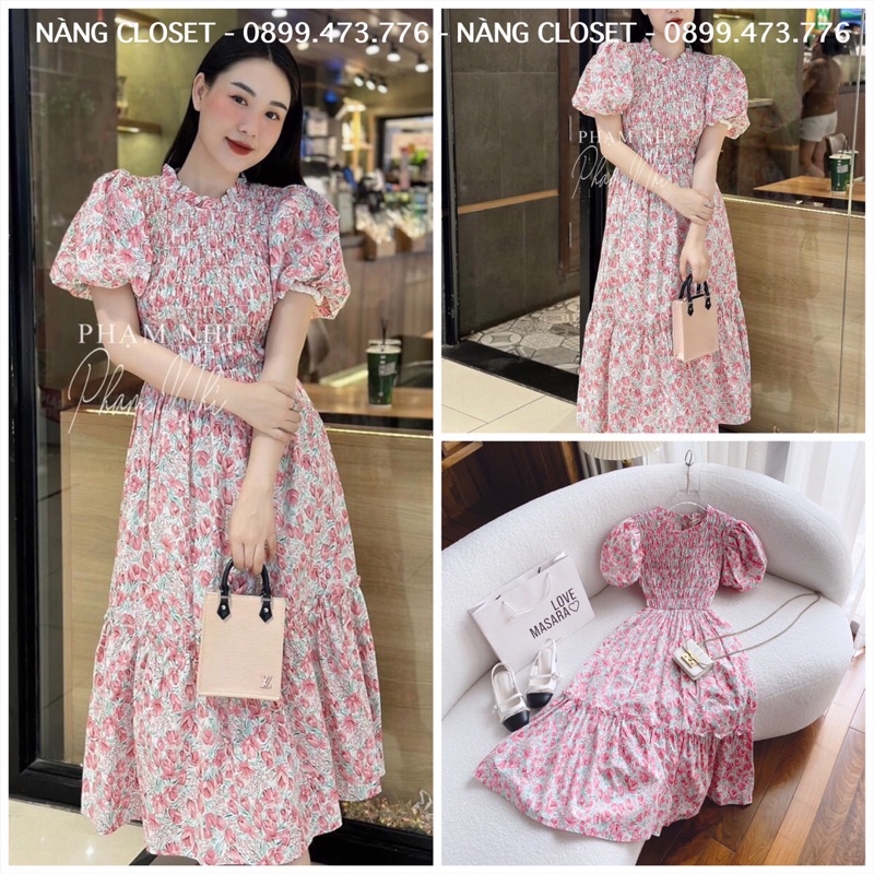 Đầm midi hoa nhí QC nhún chỉ ngực tay phồng màu hồng đi biển/du lịch NÀNG CLOSET
