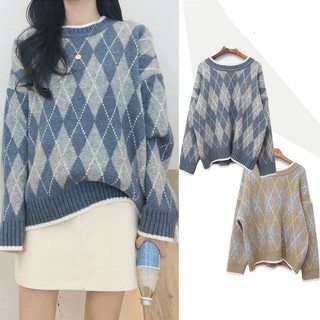 Áo Sweater dệt kim kẻ sọc lông cừu hình thoi phong cách Hàn Quốc Áo len giữ ấm đa năng