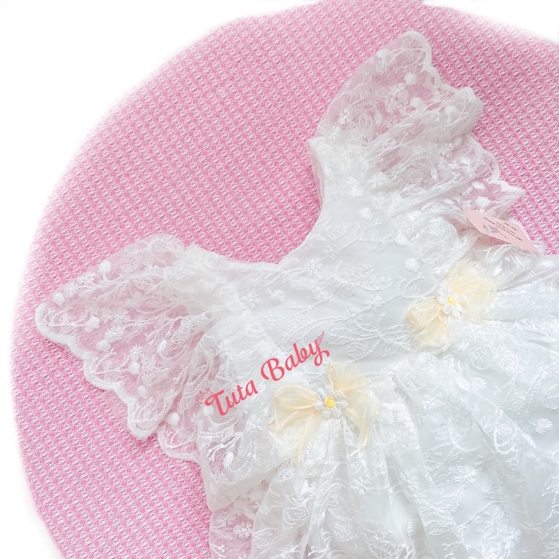 Bodysuit Cho Bé Gái Chất Ren Sam Trắng Mềm, Body Thiết Kế Nơ Eo Siêu Xinh