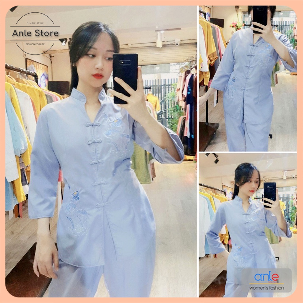 Quần áo Phật tử áo lam đi chùa Pháp Phục cao cấp mẫu cổ tàu thêu sen hàng loại 1 Anle store