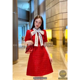 Đầm Dạ Cổ Phối Dây Nơ Trắng - D23084