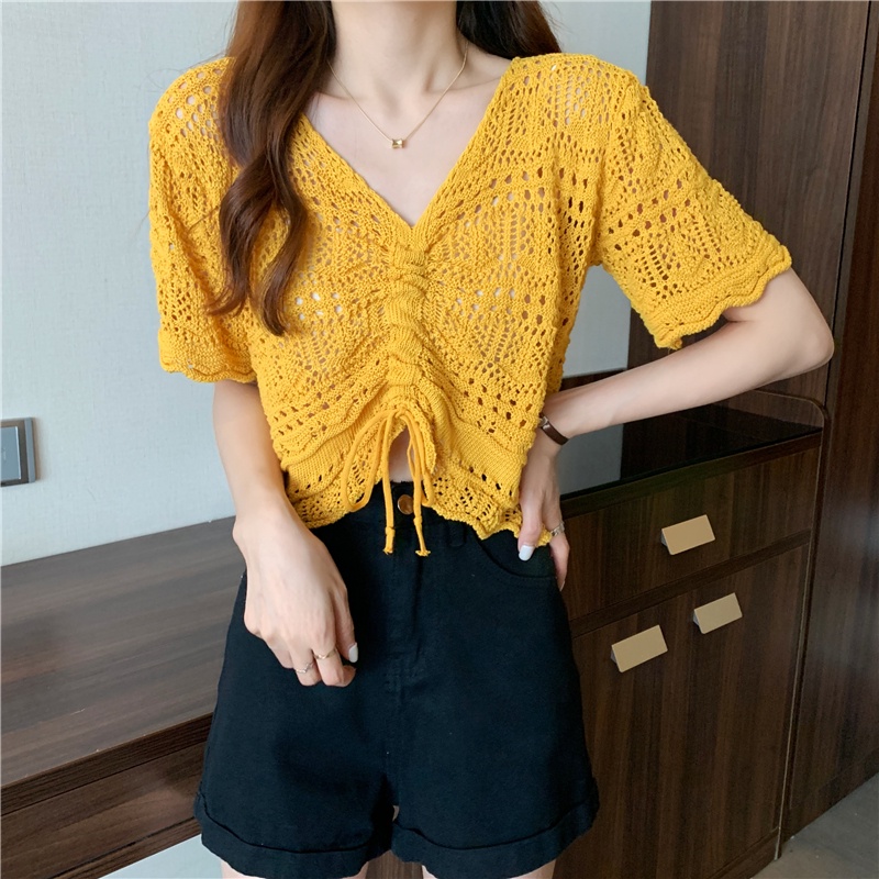 Áo sweater Tay Ngắn Thiết Kế Dây Rút Thời Trang Cho Nữ