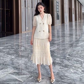 Set áo sơmi tay bồng_ chân váy dập ly