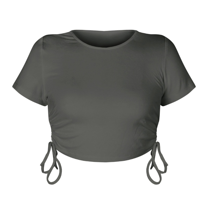 Xiangbao Áo Crop Top Dệt Kim Mỏng Tay Ngắn Cổ Tròn Dây Rút Bên Hông Màu Trơn Gợi Cảm Mùa Hè Cho Nữ