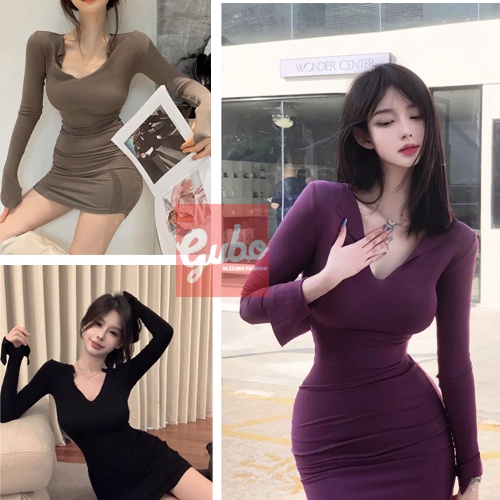váy dài tay phong cách spice girl hot girl [FREESHIP] Đầm nữ dáng dáng ôm cổ chữ V gợi cảm ulzzang GUBO7905 | BigBuy360 - bigbuy360.vn