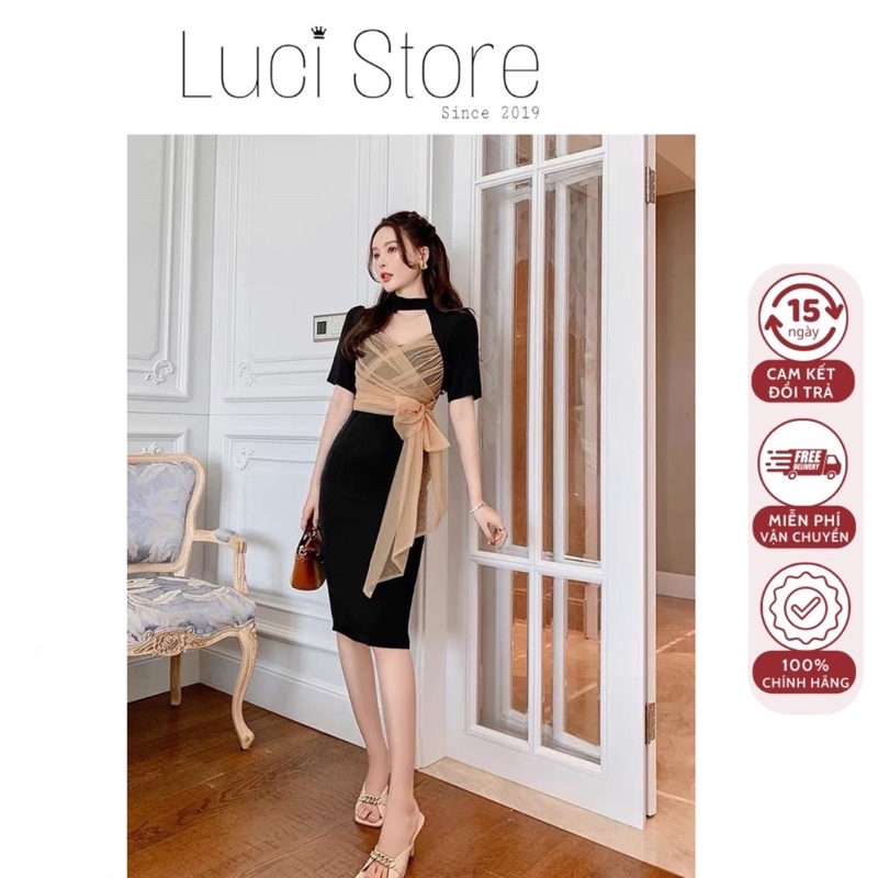 (Có bigsize) Đầm thun thiết kế phối ren đắp tà nơ tay ngắn sang trọng cho bạn nữ đi tiệc