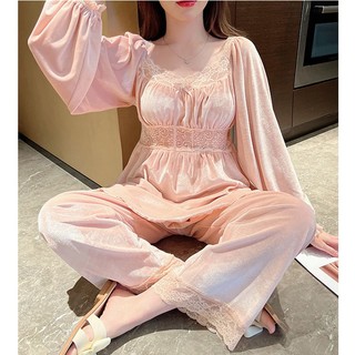 Bộ đồ ngủ tay dài chất nhung phối ren có mút đệm ngực thời trang xuân thu hàng mới 2023