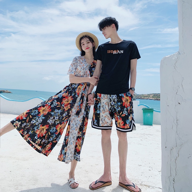 Đảo Tình Nhân-Cặp Đôi Mặc Áo Dài Tay Ngắn Bộ Màu Sắc Tương Phản Bộ Áo Thun Tay Ngắn Cặp Đôi Thời Trang đồ bộ đôi