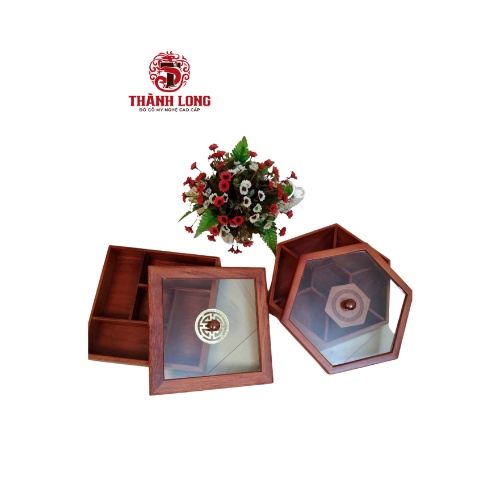 Khay đựng bánh kẹo ngày tết bằng gỗ hương cao cấp vuông kính bọc đồng sang trọng NL03