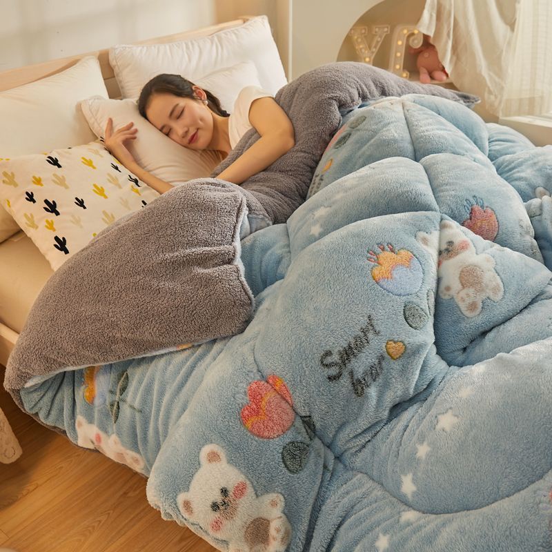 Chăn Bông Lông Cừu Hai Mặt Dày Dặn Giữ Ấm Mùa Đông Cho Ký Túc Xá