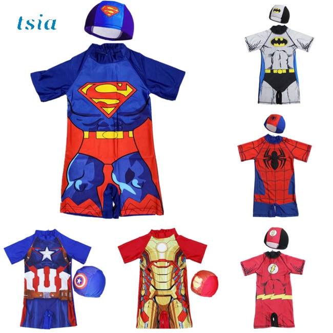 Bộ Đồ Bơi 2 Mảnh Họa Tiết Hoạt Hình Spiderman Batman Iron Man Cho Bé Trai