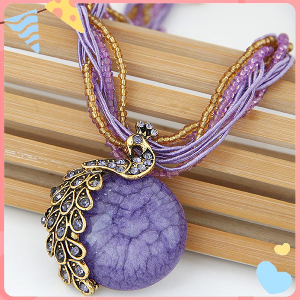 Vòng cổ Mặt Hình Chim Công Đính Đá Opal Giả