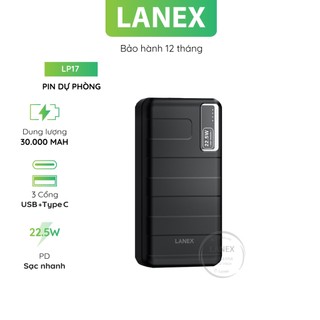 Pin dự phòng lanex lp17 abs + 2 cổng usb 1 cổng type c 3.0a pd qc3.0 22.5w 30000mah đèn led