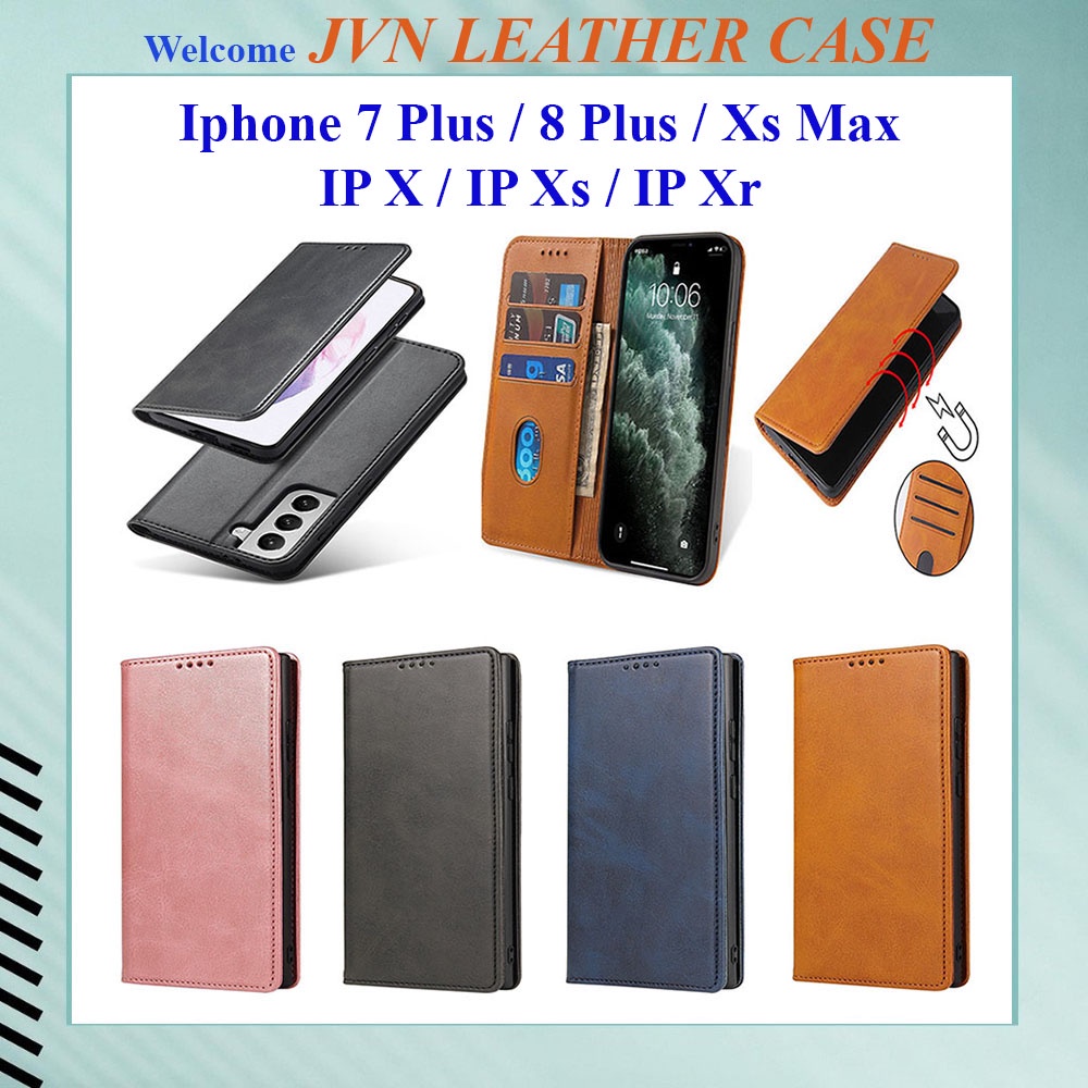 Bao da Iphone 7 Plus, 8 Plus, IP X, IP Xs, IP Xr, IP Xs max kiểu ví dạng từ tính hít nam châm, ngăn đựng thẻ tiền