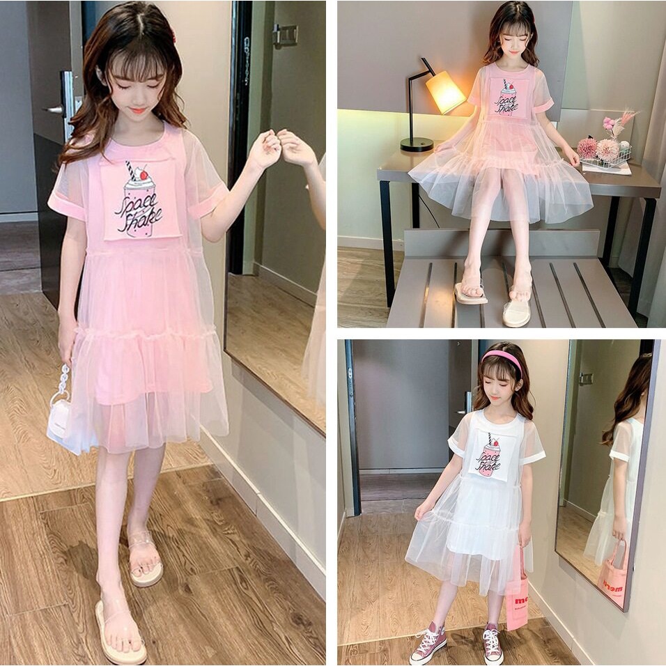 Đầm thun cotton phối lưới phong cách Hàn Quốc thời trang cho bé gái 3-13 tuổi