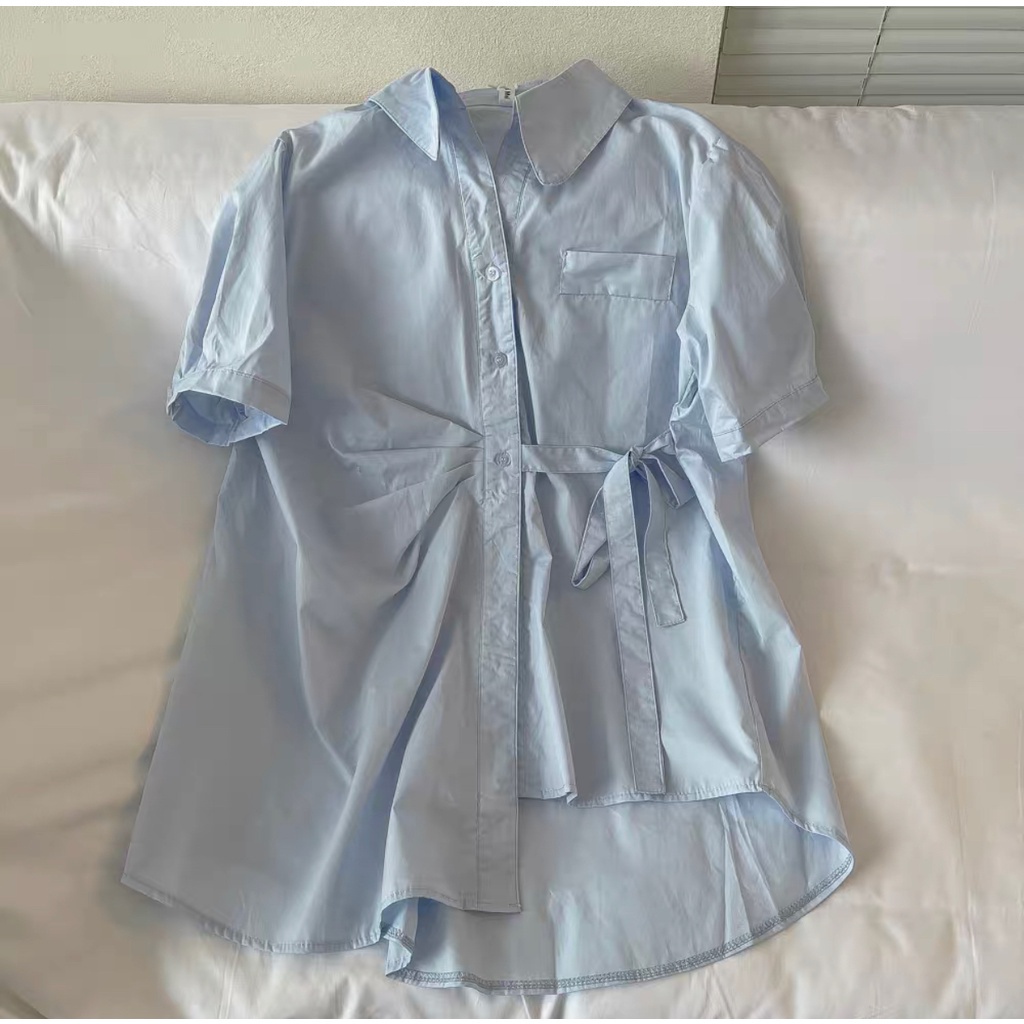 Áo đầm sơ mi dài xếp ly eo thắt nơ vạt lệch MS681