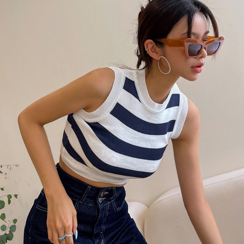 Áo Dệt Kim Ngắn Cổ Tròn Họa Tiết Kẻ Sọc Nhiều Màu Sắc Thời Trang Mùa Hè 2023 Mới Cho Nữ