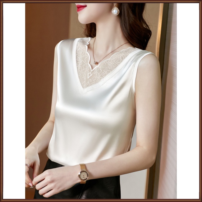 Áo Satin Không Tay Cổ Chữ V Phối Ren Màu Sắc Đơn Giản Thời Trang Dành Cho Nữ