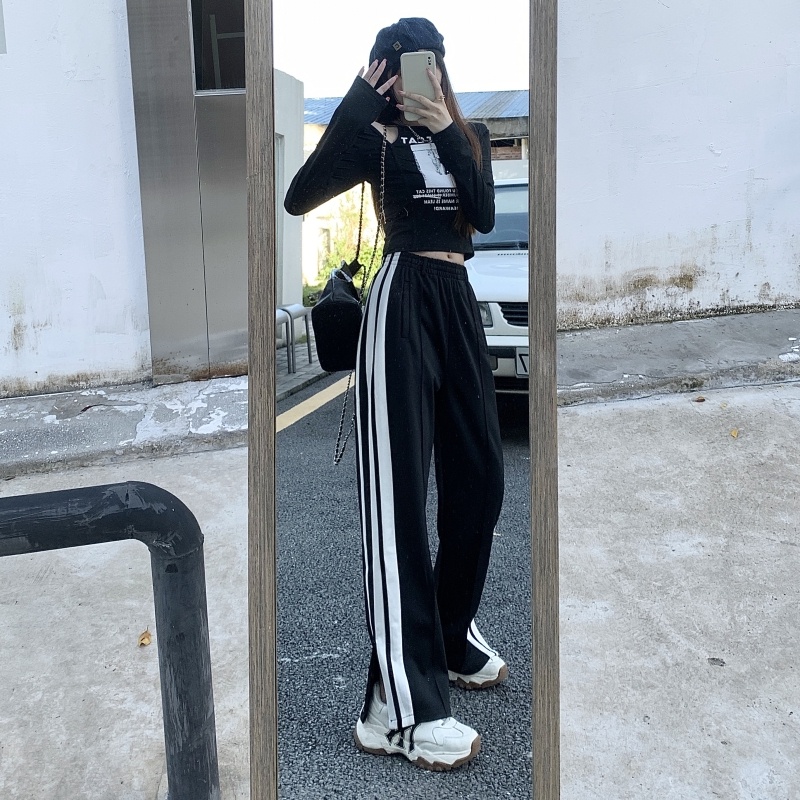 ZHELIHANGFEI Quần Dài Thể Thao Lưng Cao Ống Rộng Xẻ Tà Kiểu Mỹ Cá Tính