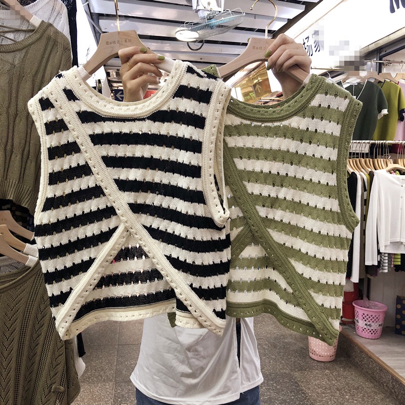 Áo Sweater Sát Nách Kẻ Sọc Dáng Rộng Xẻ Tà Kiểu Retro Thời Trang Mùa Hè 2023