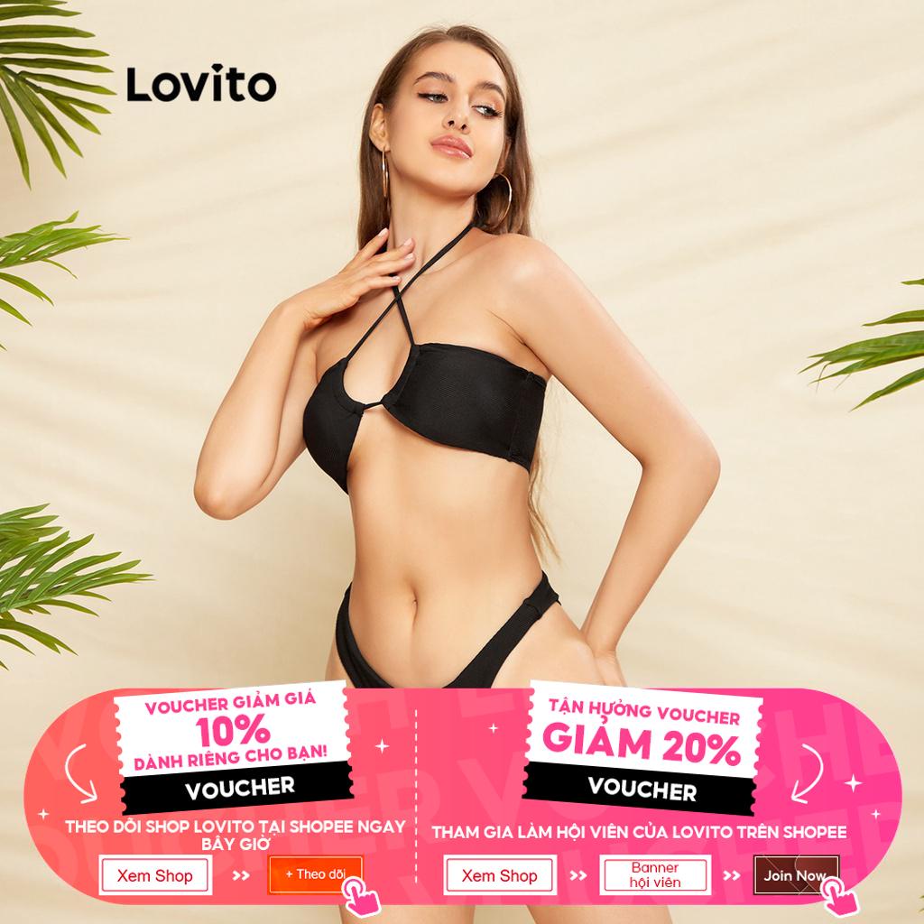 Bộ đồ bikini nữ Lovito có thể tháo rời được miếng lót có thể tháo rời phía trước bằng phẳng Sexy L33AD009 (Đen)