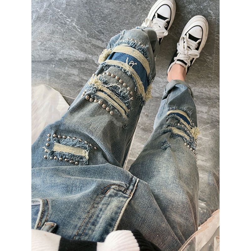 Quần Jean Rách Đính Hạt Giả Nhỏ Phong Cách Mới 2023 Dễ Phối Đồ Cho Nữ