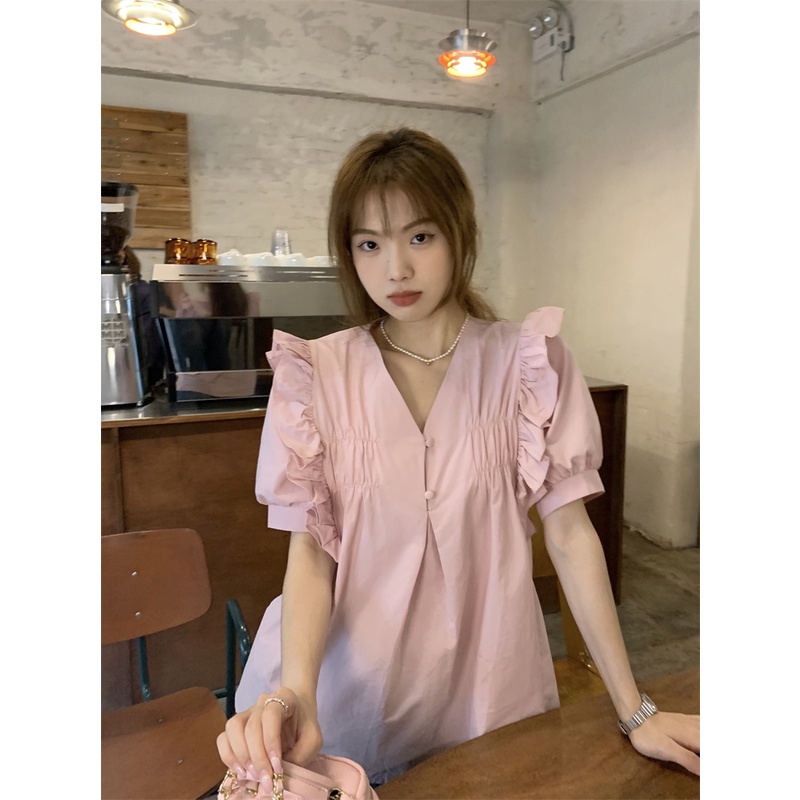 Áo Kiểu Tay Ngắn Cổ Chữ V Thiết Kế Ngọt Ngào Thời Trang Mùa Hè Cho Phái Nữ