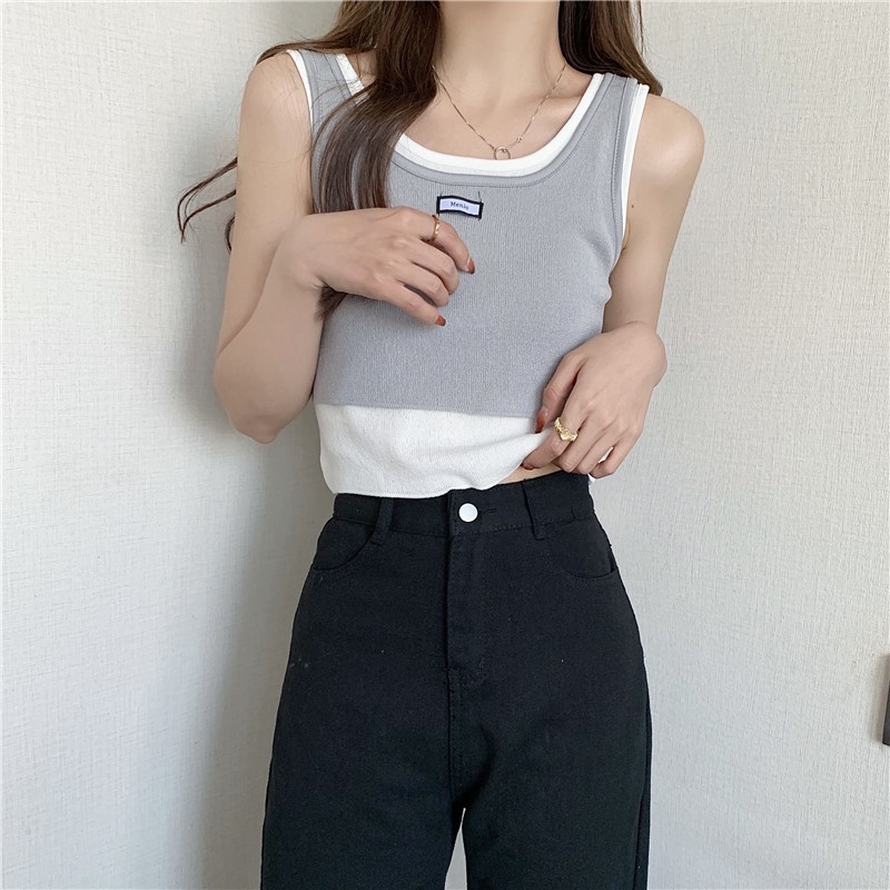 Áo Len Không Tay Giả Hai Lớp Màu Sắc Tương Phản Thời Trang Mùa Hè Phong Cách Hàn Quốc