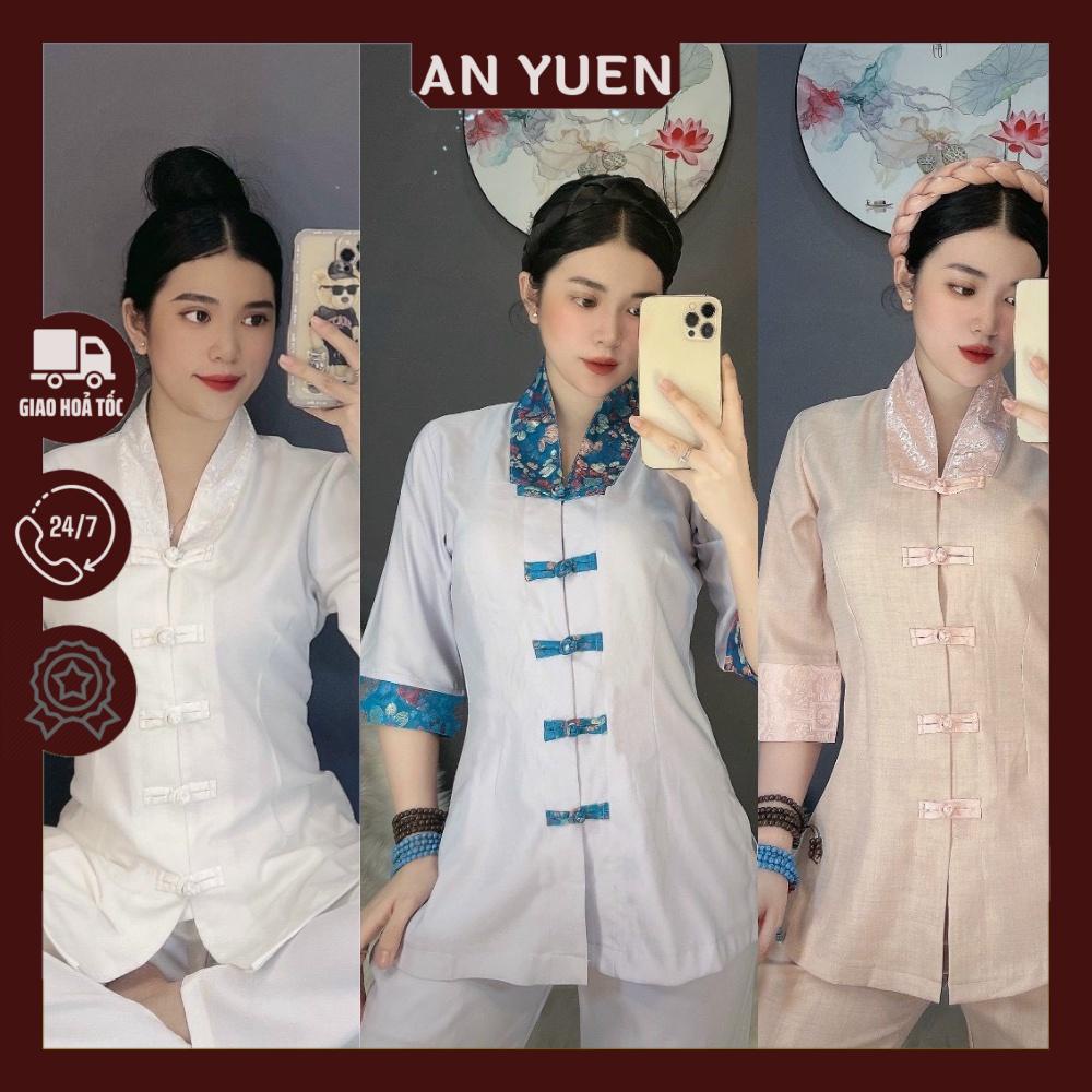 ĐỒ LAM ĐI CHÙA cao cấp #mẫu la hán nữ cách tân vải đũi Hàn dày dặn phối gấm # set phật tử quần áo đi chùa B36