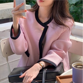 Áo khoác mùa thu vải tweed màu hồng