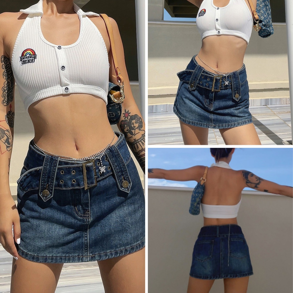 Chân Váy Jeans Xanh Và Đen Kèm Belt Bảng To Hot Trend Phong Cách Ulzzang