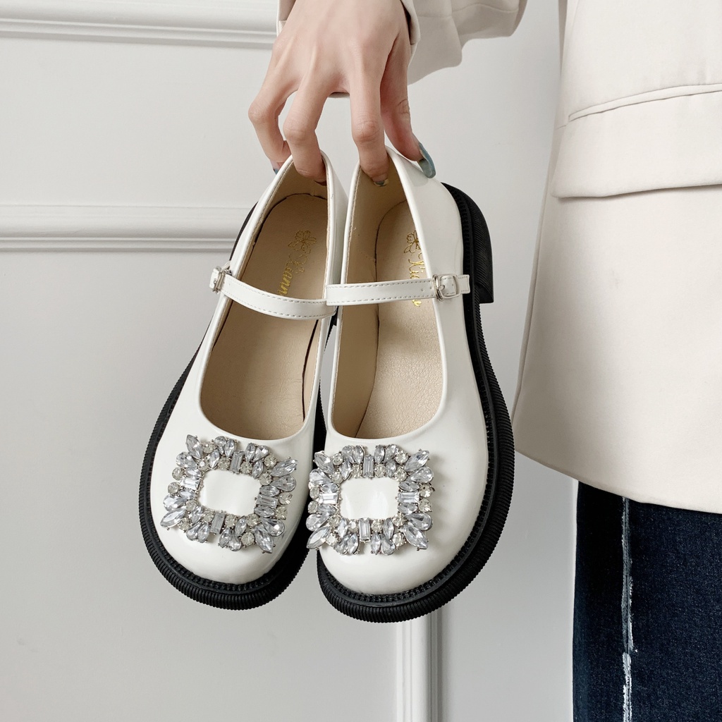 Giày Da Mũi Tròn Đế Dày Mềm Mại Đính Đá Kiểu Lolita Dễ Thương Cho Nữ