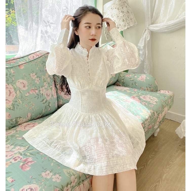 Váy Trắng Xoè Tay Dài Tiểu Thư Viền Bèo Cúc Bọc Hàng 2 Lớp (Loại 1) Đầm Trắng Dáng Xoè Tiểu Thư