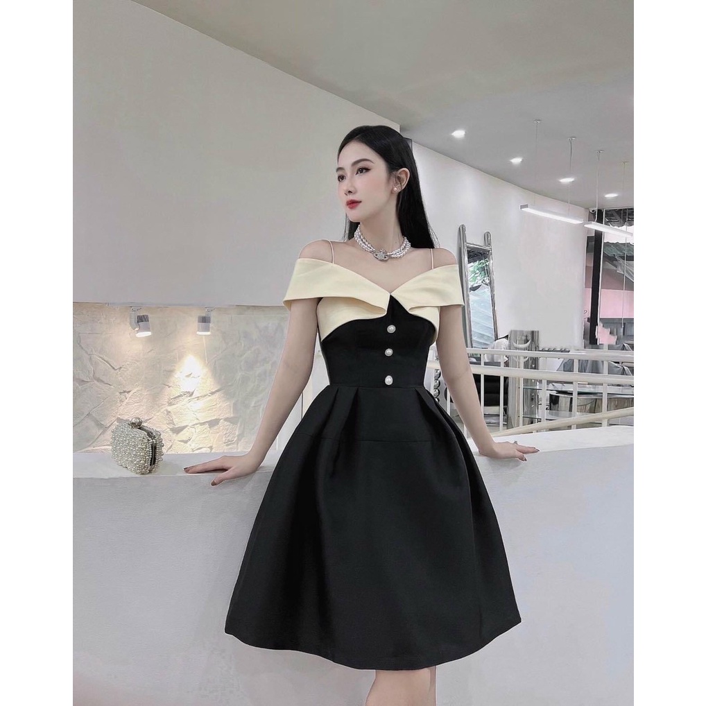 [3.3 Sales Freeship] Đầm tiểu thư nữ, đầm đen xòe chất tapda trễ vai dây phối màu trắng đính nút ôm eo đi tiệc quyến rũ