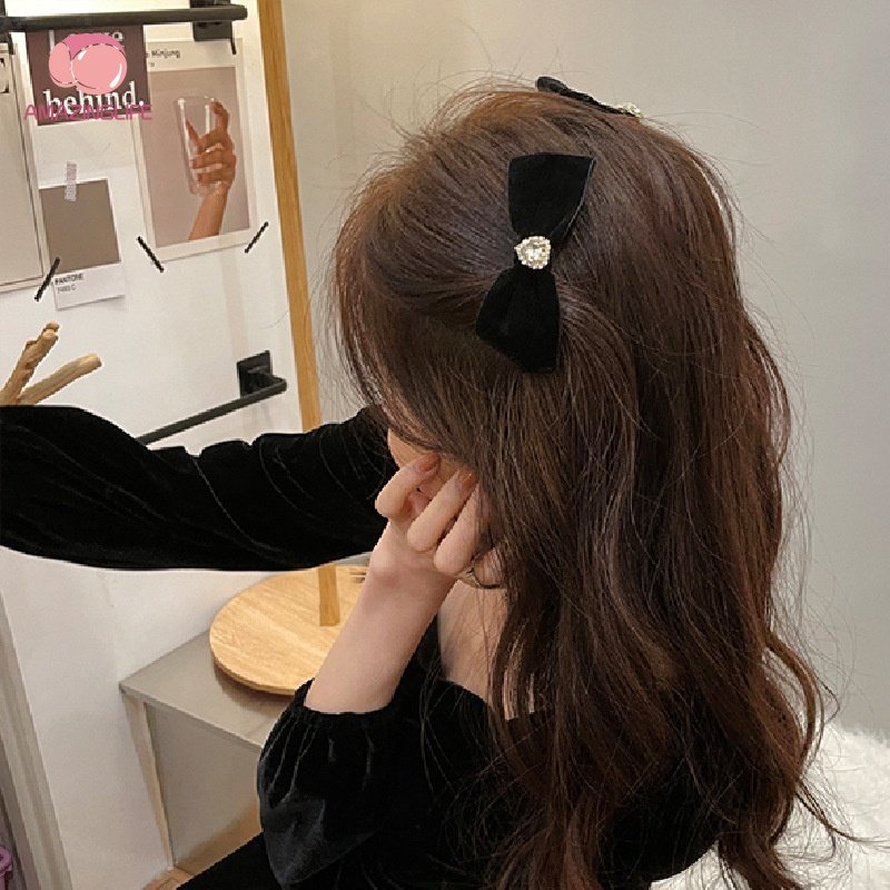 Kẹp Tóc Hình Nơ Đính Kim Cương Giả Màu Đen / Nhung Phong Cách Ins Cổ Điển Thời Trang Cho Nữ