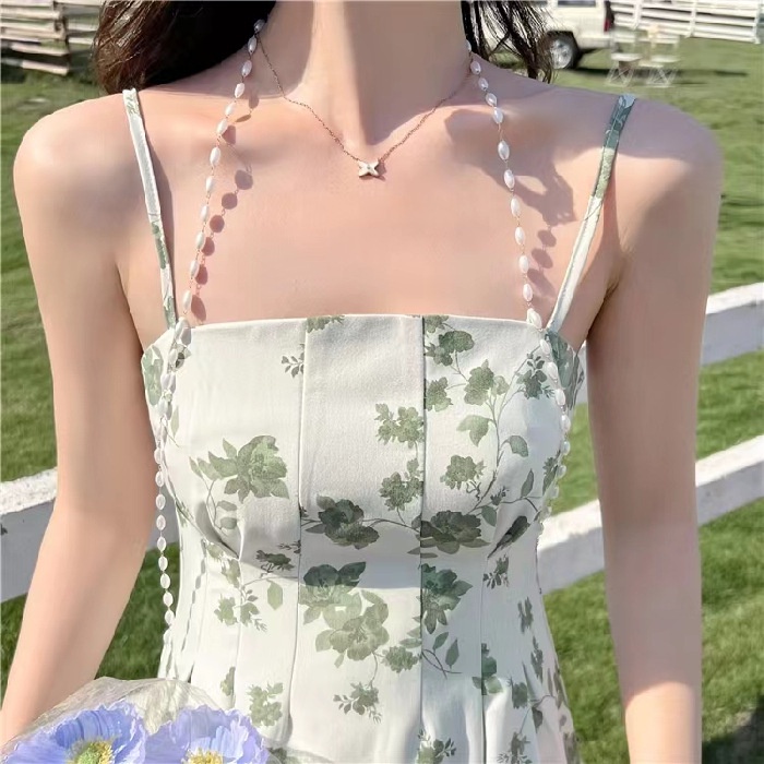 DIDIKA Đầm hai dây dáng ôm in hoa đính ngọc trai thời trang mùa hè dành cho nữ