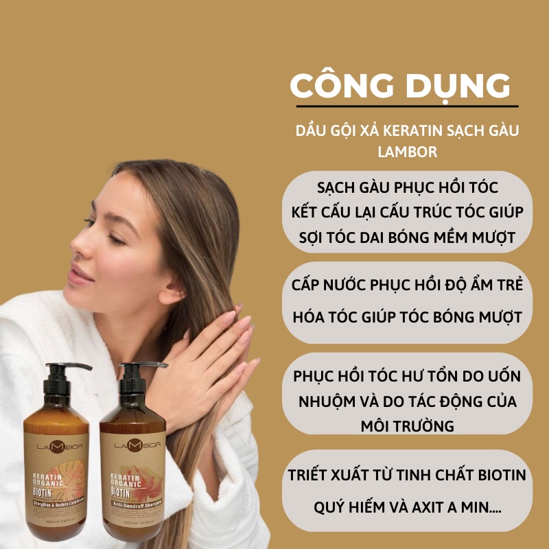 Dầu Gội Xả Keratin LAMBOR 1000ml * 2 Sạch Gàu Phục Hồi Kích Thích Mọc Tóc Thải Độc Da Đầu
