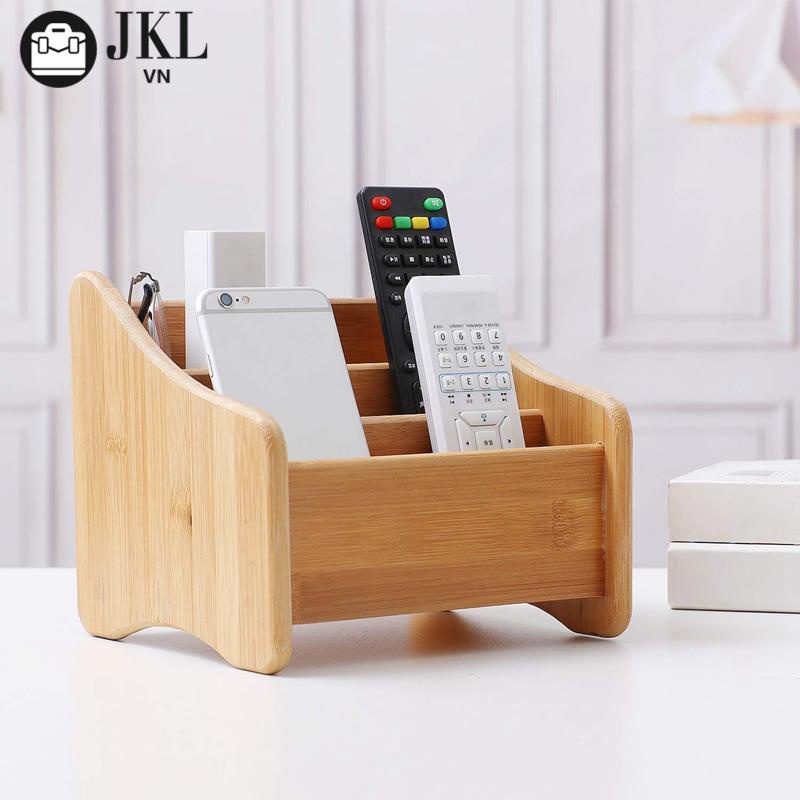 Hộp Đựng Điều Khiển Từ Xa / Bút / Mắt Kính / Điện Thoại Để Bàn Bằng Gỗ Tre Có 3 Ngăn Tiện Lợi